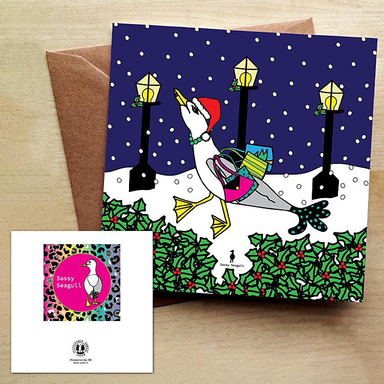 Lucy Seagull Goes Christmas Shopping - Funky Blank Christmas Card