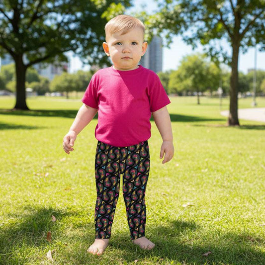 A toddler wearing kids size black paisley party funky festival leggings, poses facing forwards. He is standing on a stone path that leads to a white and blue house with bright pink flowers growing in the background. The paisley party pattern is a colourful repeating large paisley pattern, made up of vibrant colours including pink, orange, yellow, green, blue and purple. In between the paisley print are colourful triangles in the same colours