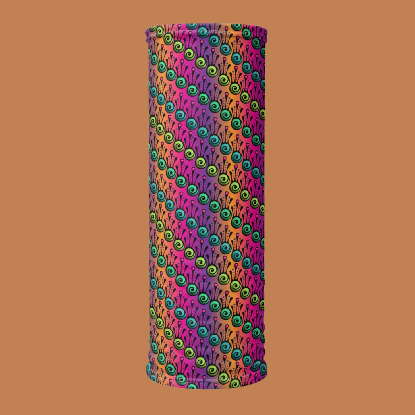 An image of a vibrant tribal frog neck laid flat vertically, against a burnt orange background. The fire tribal frog design is an abstract pattern with a blended purple, pink and orange background. The abstract detail is coloured in different shades of green.