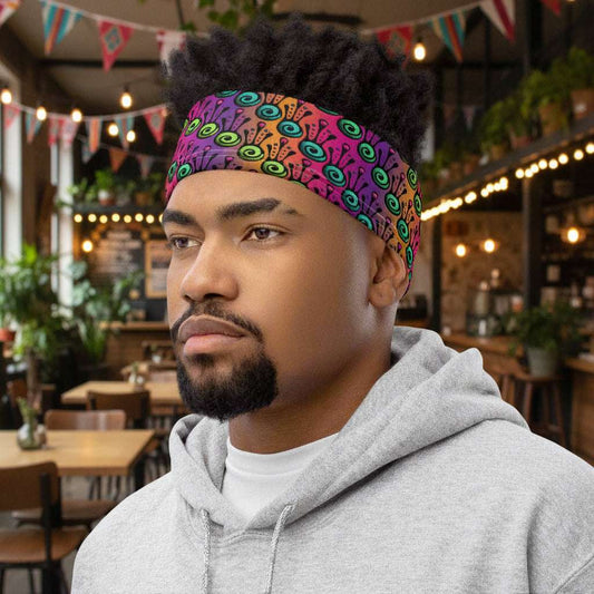 Man with short, dark, afro hair is facing to the left wearing a grey hoodie and a vibrant tribal frog neck gaiter around his head, as a head band. In the background are some fairy lights and plants. The fire tribal frog design is an abstract pattern with a blended purple, pink and orange background. The abstract detail is coloured in different shades of green.