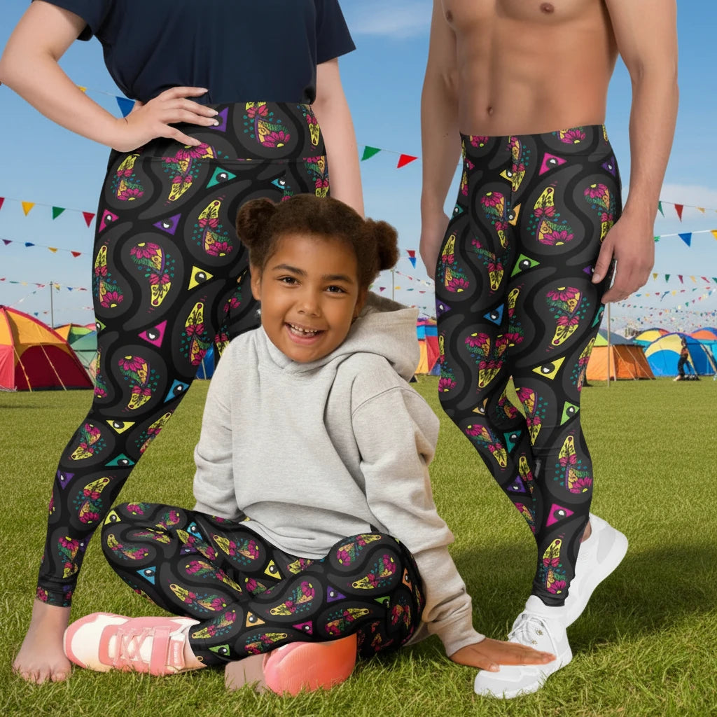 Man, woman and child wearing matching festival leggings designed in Wales - bold Black Paisley Party pattern. Silver sequin background | Sassy Seagull