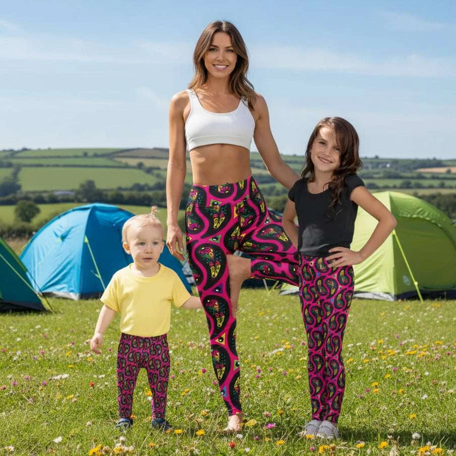 Woman, toddler and child wearing matching festival leggings designed in Wales - bold Pink Paisley Party pattern. Silver Sequin background | Sassy Seagull