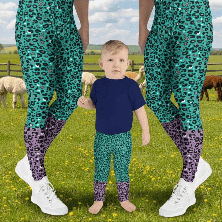 Two men and a toddler wearing matching festival leggings designed in Wales - bold Purple and Green Leopard Glamour pattern. Silver Sequin background | Sassy Seagull