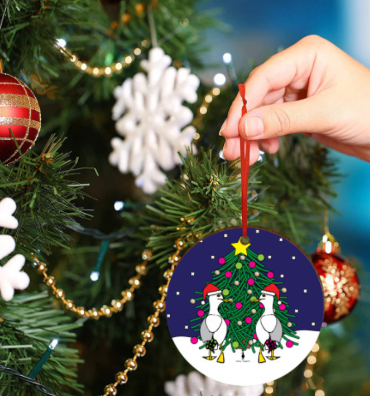 Cute Sassy Seagulls Wooden Christmas Tree Ornament
