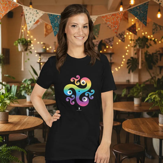 Woman-wearing-a-black-trippy-triskelion-t-shirt-in-a-cozy-indoor-setting-with-plants-and-string-lights.