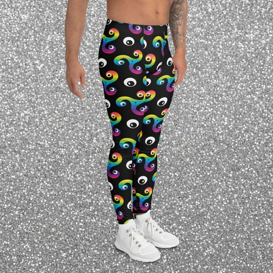 Man from the waist down wearing Trippy Triskelion leggings facing to the right in a nightclub environment with purple and green lights