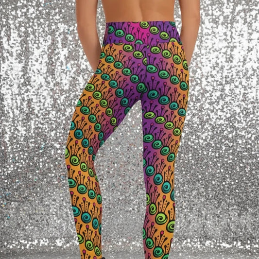 High waist Fire Tribal Frog festival yoga leggings back view. Woman is standing in a. boho interior room. The Tribal Frog design is a bold colourful abstract print on a blended pink, purple and orange background. Designed in Wales, UK | Sassy Seagull.