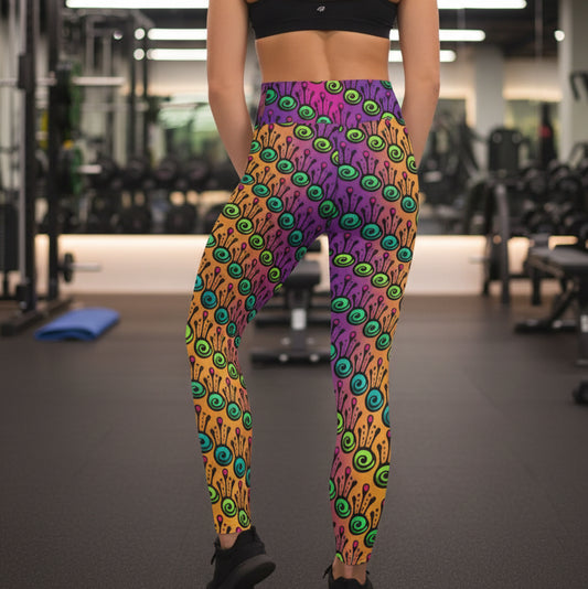 High waist Fire Tribal Frog festival yoga leggings back view. Woman is standing in a. boho interior room. The Tribal Frog design is a bold colourful abstract print on a blended pink, purple and orange background. Designed in Wales, UK | Sassy Seagull.