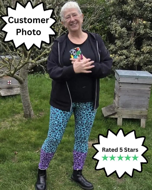 Customer photo of high waist Purple and Green Leopard Glamour festival yoga leggings. The purple and green leopard glamour design is a bold animal printed pattern in black, grey and white against a bold purple and green background. Designed in Wales, UK | Sassy Seagull.