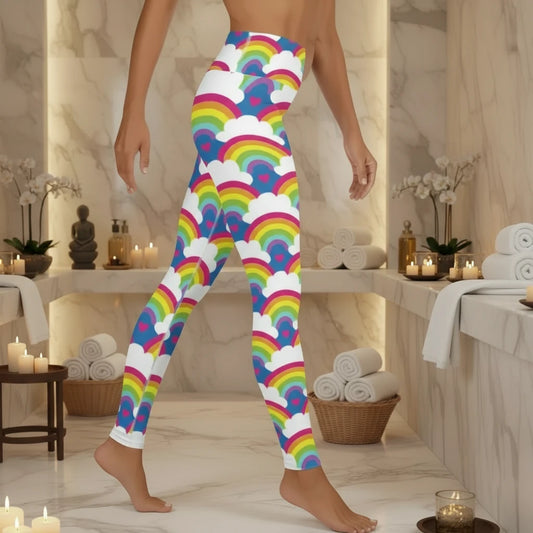 High waist Rainbow Love festival yoga leggings right view. The woman is standing in a rustic boho setting with plants, fairy lights and bunting in the background. The Rainbow Love design is a bold design featuring rainbows, white clouds and pink hearts. Designed in Wales, UK | Sassy Seagull.