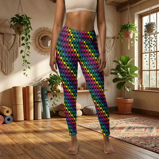 Women's high waist Rainbow Geometric yoga festival leggings front view. Woman is standing in a boho yoga studio. The Disco Lights design is a bold colourful rainbow spotty pattern. Designed in Wales, UK | Sassy Seagull.