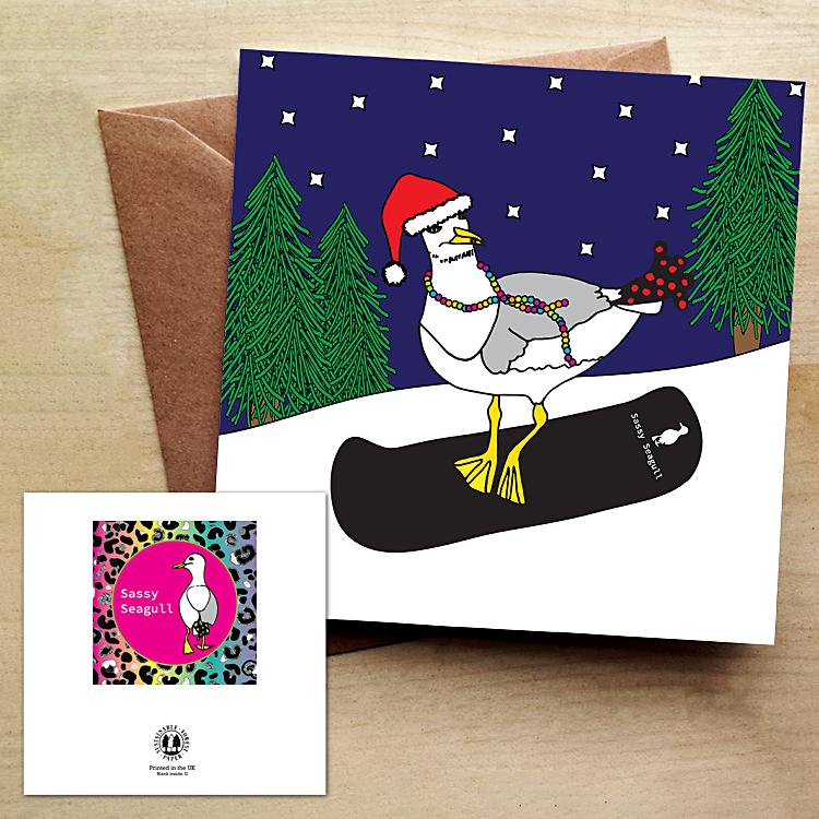 Funky Snowboarding Seagull Dave Christmas Card - Blank