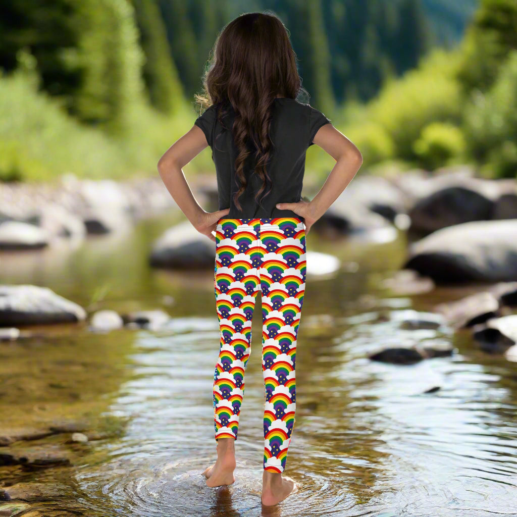 Funky Tots, Kids and Teens Rainbow Sparkle Leggings, Pants | Full Length | Super Comfortable | Unique Active Wear | Boho | Hippie | Punk | Festival