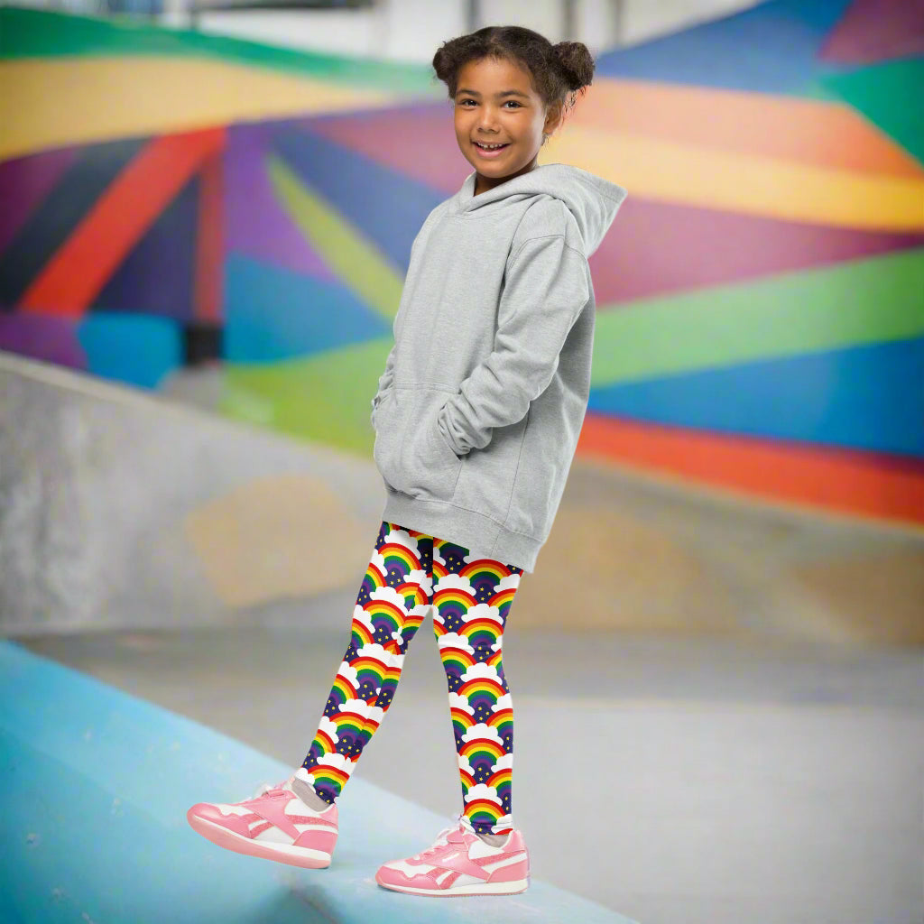 Funky Tots, Kids and Teens Rainbow Sparkle Leggings, Pants | Full Length | Super Comfortable | Unique Active Wear | Boho | Hippie | Punk | Festival