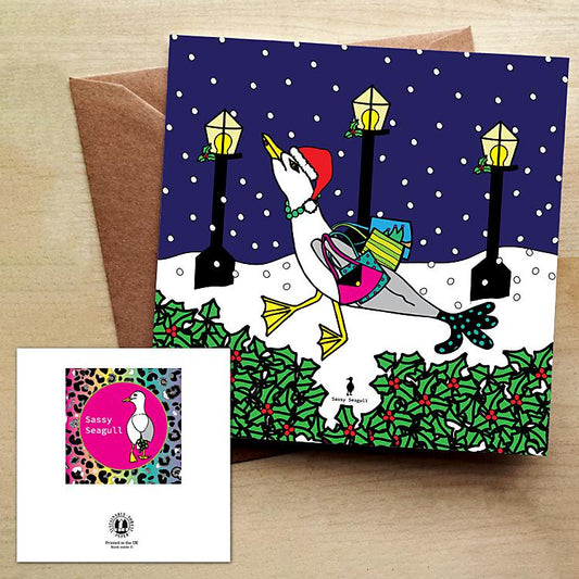 Lucy Seagull Goes Christmas Shopping - Funky Blank Christmas Card