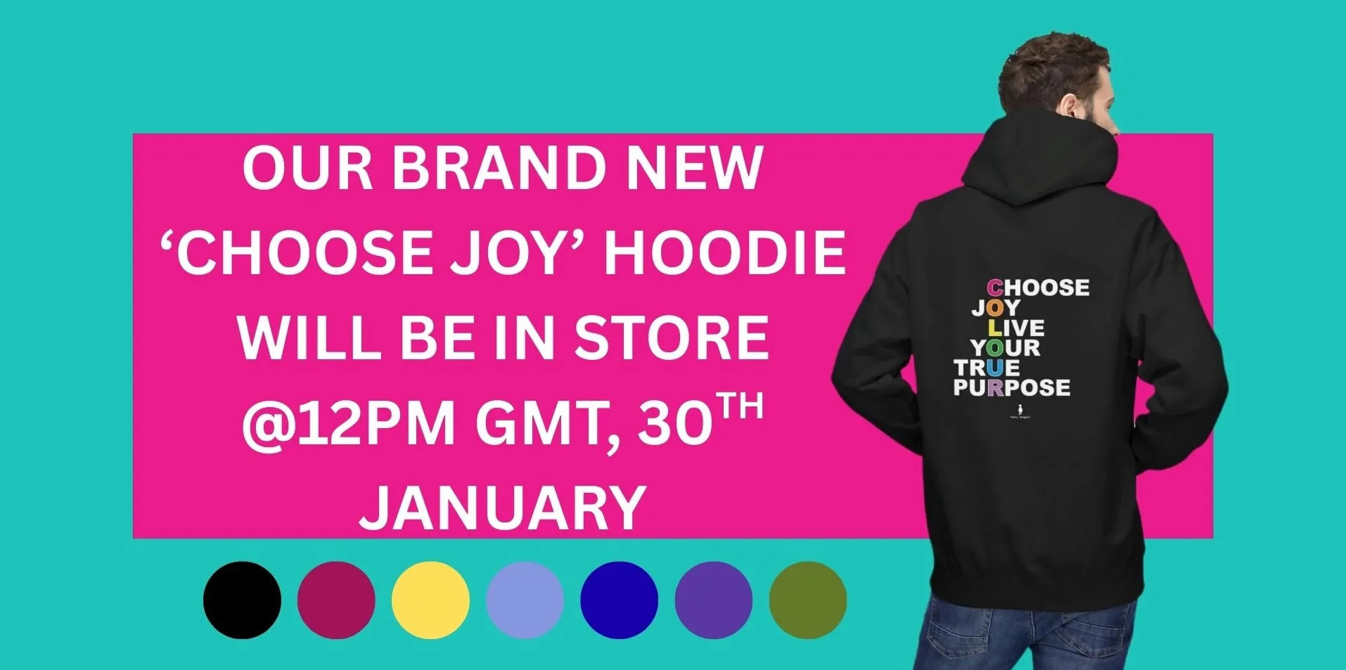 Person-wearing-a-'Choose-Joy'-hoodie-with-promotional-text-on-a-bright-pink-and-blue-background