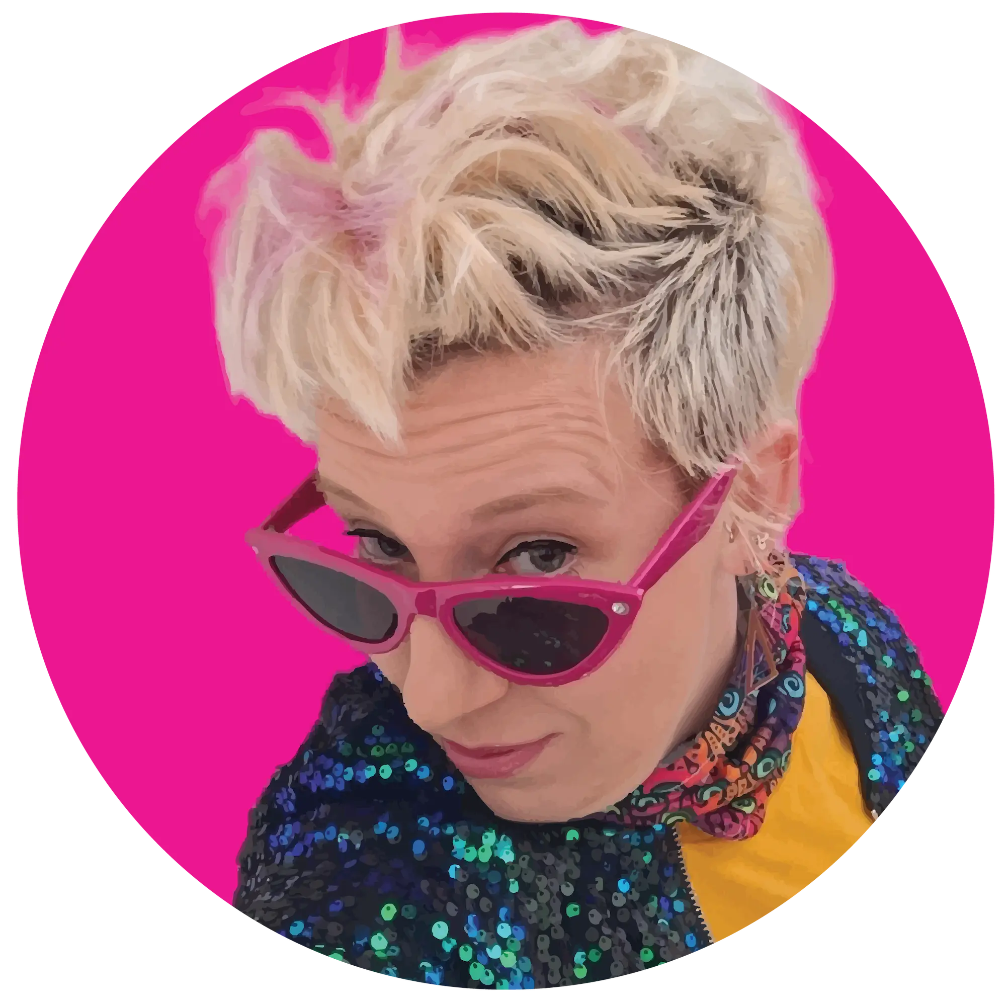 Our-founder-Daisy-profile-picture-with-short-blonde-hair-wearing-pink-sunglasses-and-a-colorful-outfit-against-a-pink-background