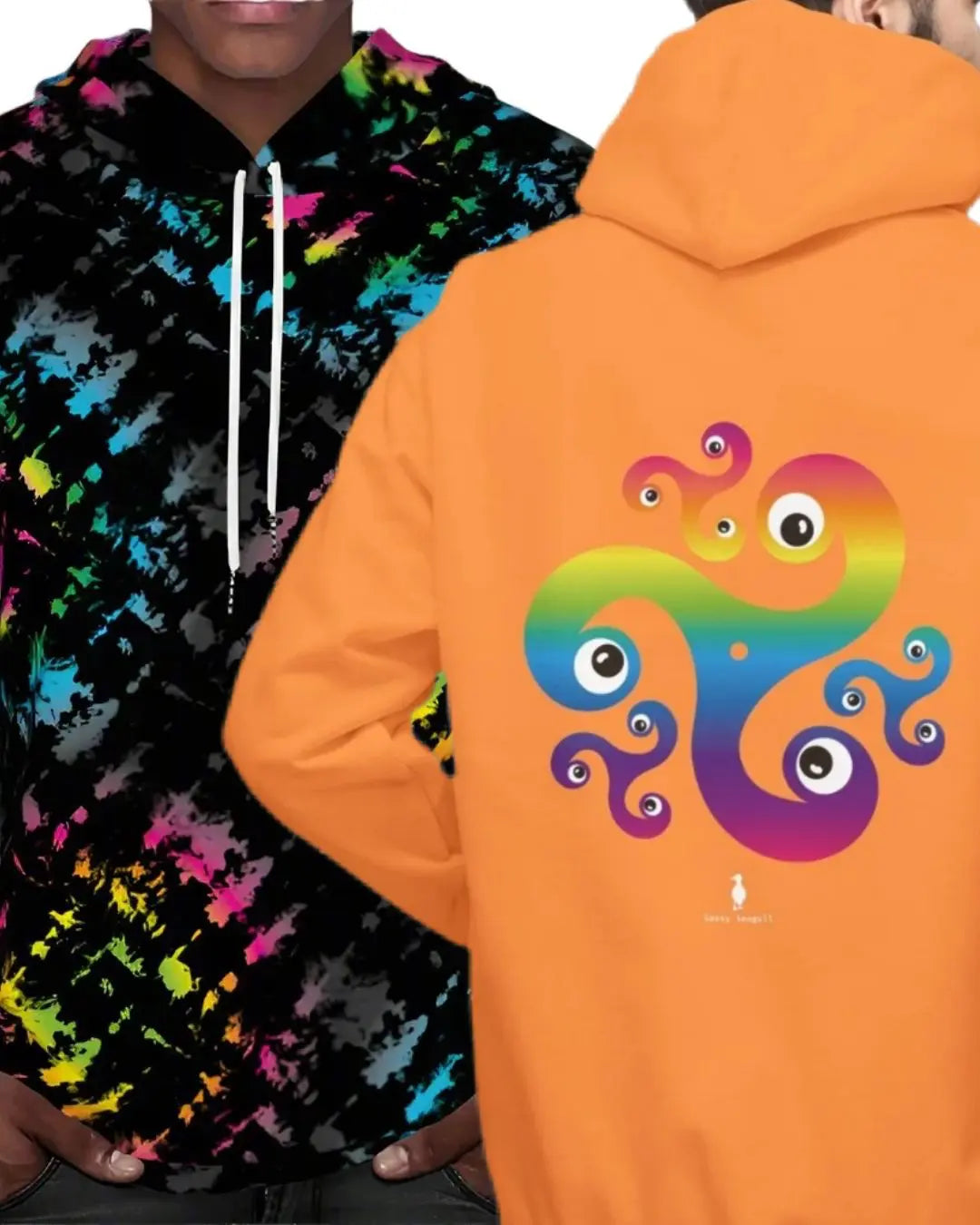 Two men wearing festival hoodies - all over print pattern and graphic hoodie designs - designed in Wales | Sassy Seagull