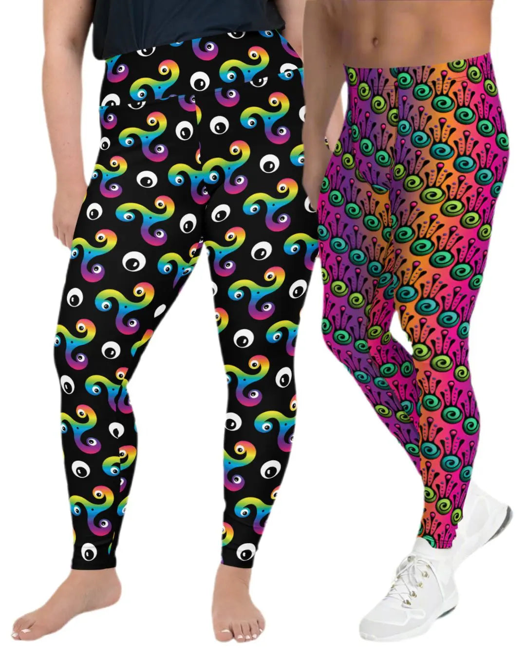 Man and a woman wearing two different all over print patterned bold festival leggings designs - designed in Wales | Sassy Seagull