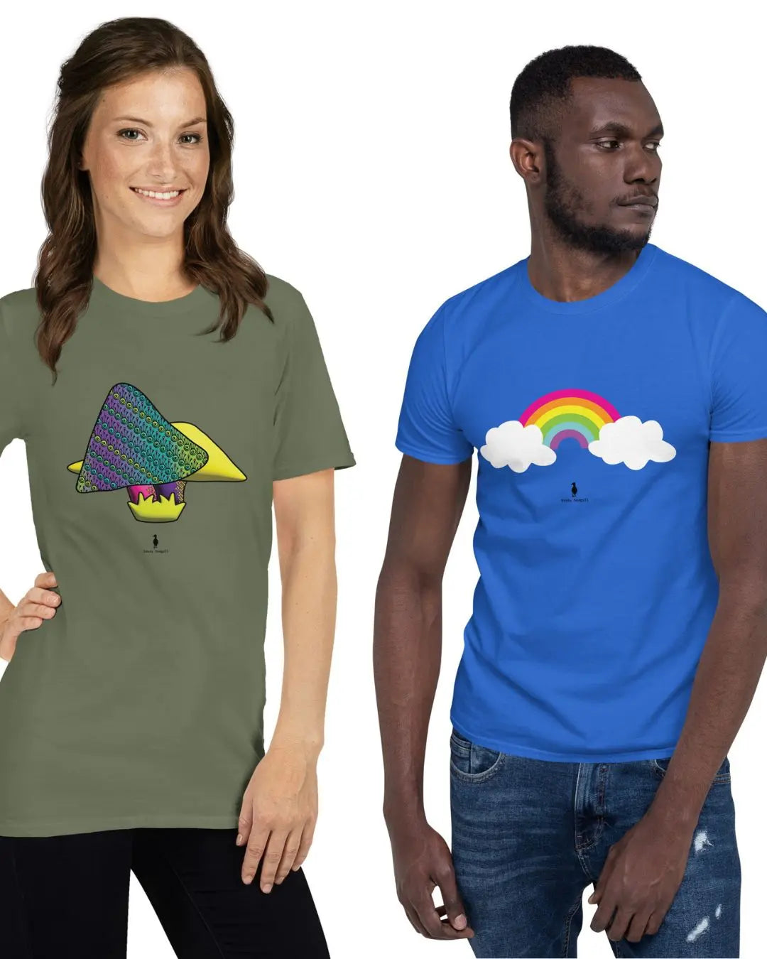 A man and a woman wearing two different graphic festival t-shirts with images that include mushrooms and rainbows - designed in Wales | Sassy Seagull