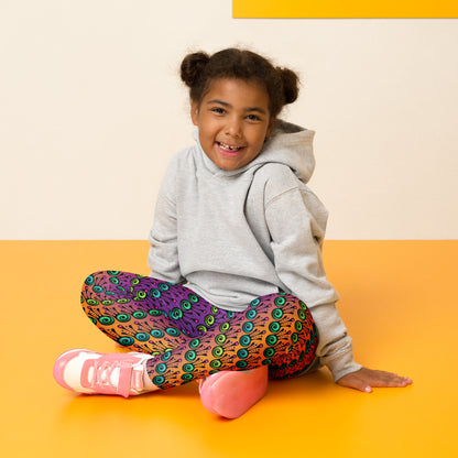 A young girl sits crossed legged wearing kids size fire tribal frog funky festival leggings and a light grey hoodie. She is sitting on a yellow floor against a cream wall. The fire tribal frog pattern  is an abstract pattern with a blended orange, pink and purple background.