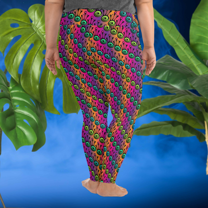 A curvy woman from the waist down wearing plus-size high-waist Tribal Frog funky festival yoga leggings standing facing to the back with both of her hands by her sides. The woman is standing in front of a smoky blue background in front of two large leafy plants. The fire tribal frog pattern is an abstract pattern with a blended purple, pink and orange background.