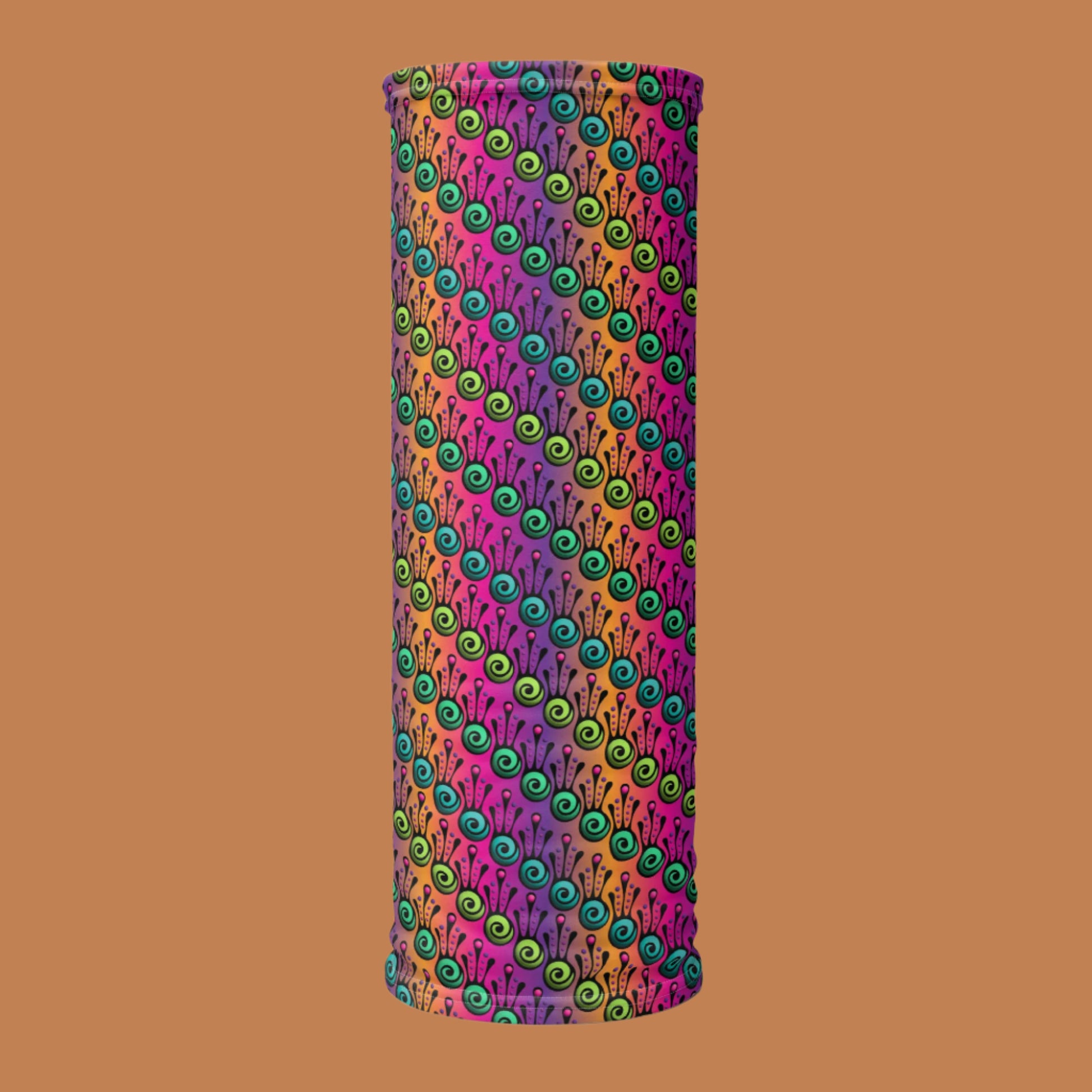 An image of a vibrant tribal frog neck laid flat vertically, against a burnt orange background. The fire tribal frog design is an abstract pattern with a blended purple, pink and orange background. The abstract detail is coloured in different shades of green.