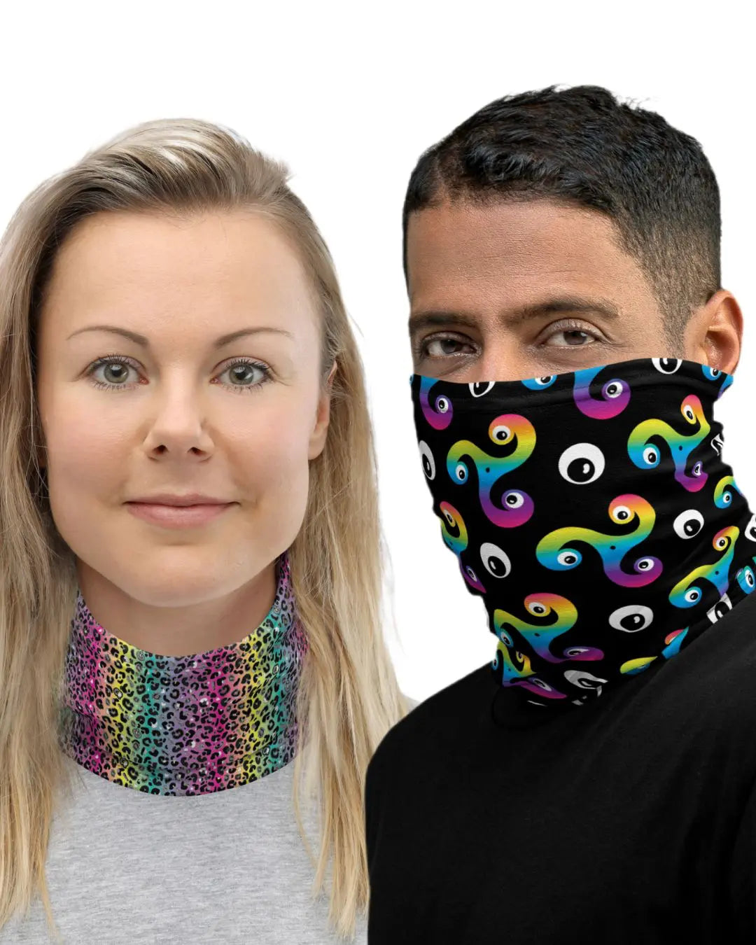 Man and woman wearing a Rainbow Leopard Glamour and Trippy Triskelion patterned festival neck gaiter | Sassy Seagull