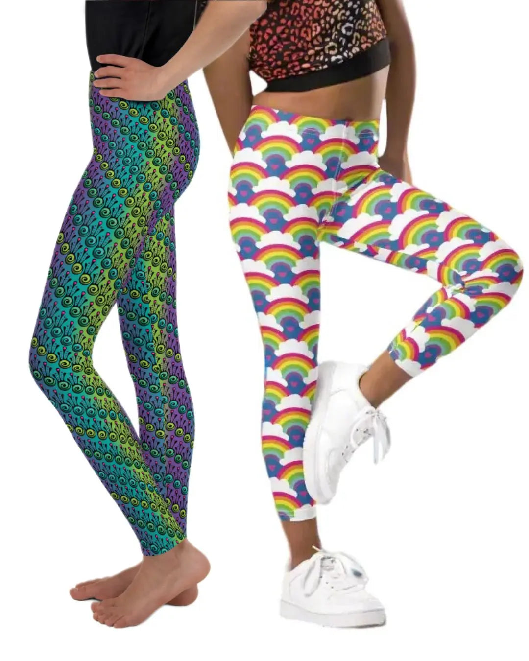 Two children wearing two different pairs of all over print patterned festival leggings - designed in Wales | Sassy Seagull