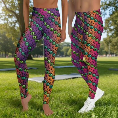 Man and woman wearing matching festival leggings designed in Wales - bold Fire Tribal Frog pattern. Silver sequin background | Sassy Seagull