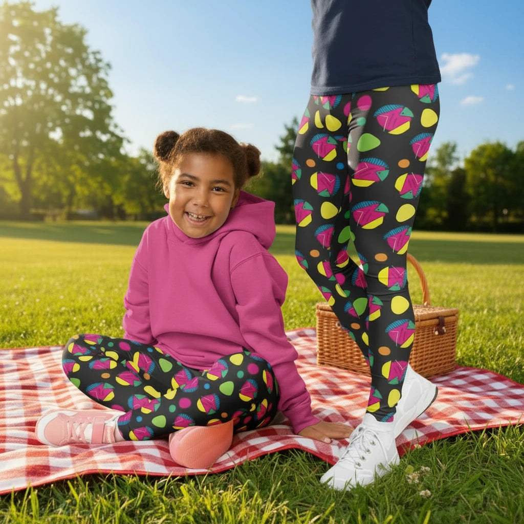 Man and child wearing matching festival leggings designed in Wales - bold Funk Party Original pattern. White background | Sassy Seagull