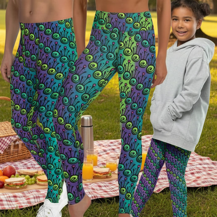 Man and child wearing matching festival leggings designed in Wales - bold Jungle Tribal Frog pattern. Silver sequin  background | Sassy Seagull