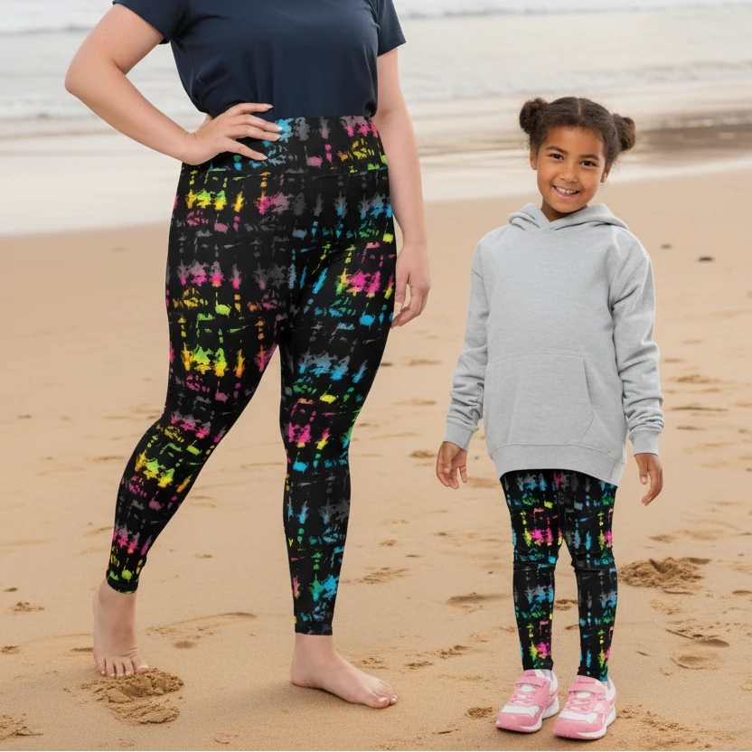 Woman and daughter wearing matching minstrel magic all over print festival leggings - designed in Wales | Sassy Seagull