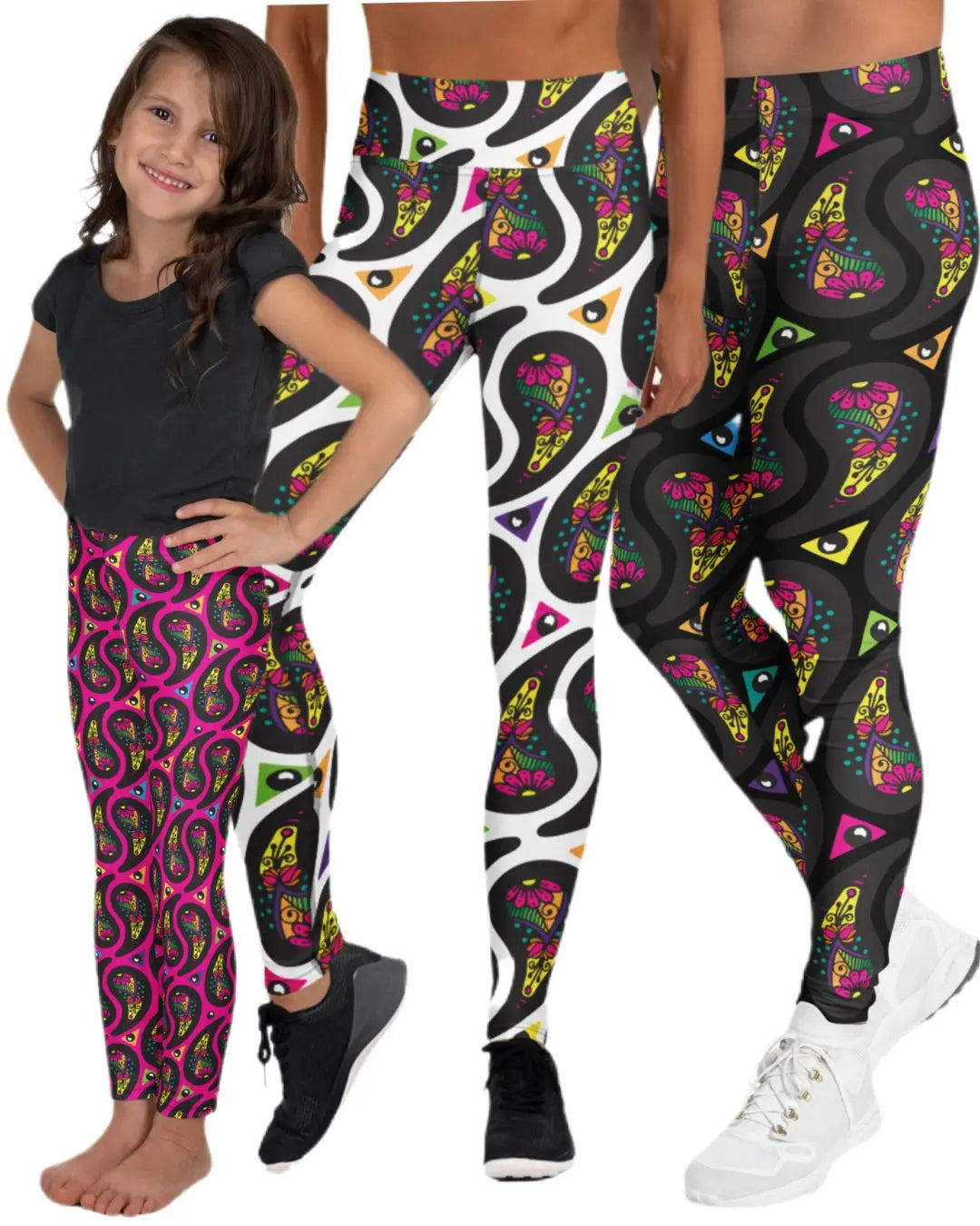 Man, woman and child wearing coordinating paisley party all over print festival leggings - designed in Wales | Sassy Seagull