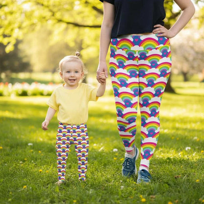 Woman and toddler wearing matching Rainbow Love all over print patterned festival leggings - designed in Wales | Sassy Seagull