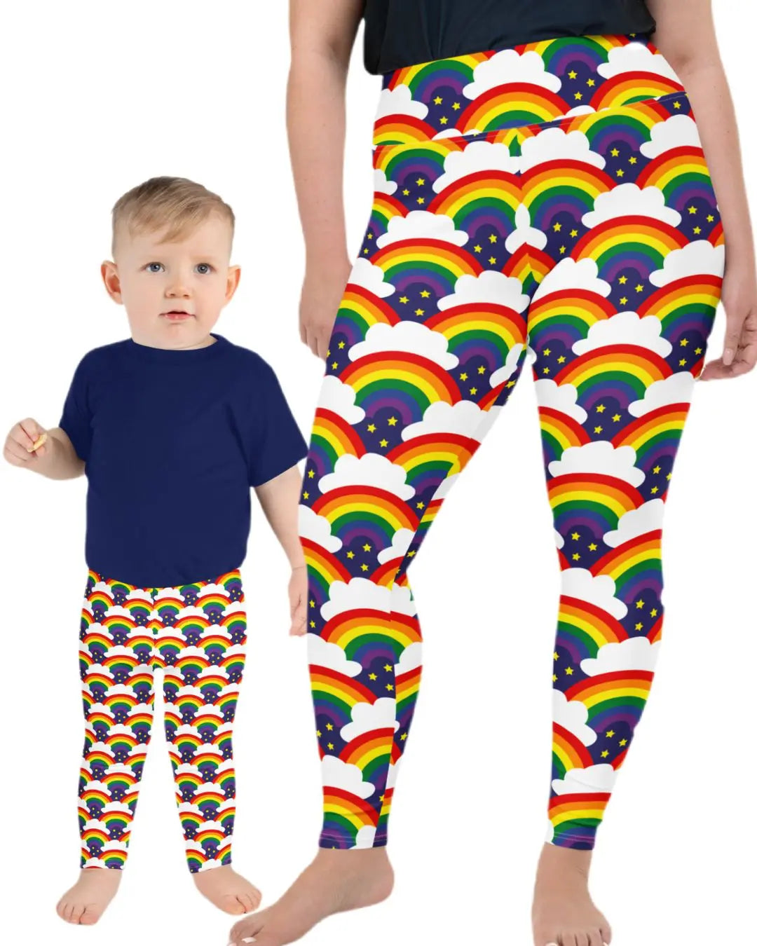 Woman and toddler wearing matching rainbow sparkle all over print patterned festival leggings - designed in Wales | Sassy Seagull
