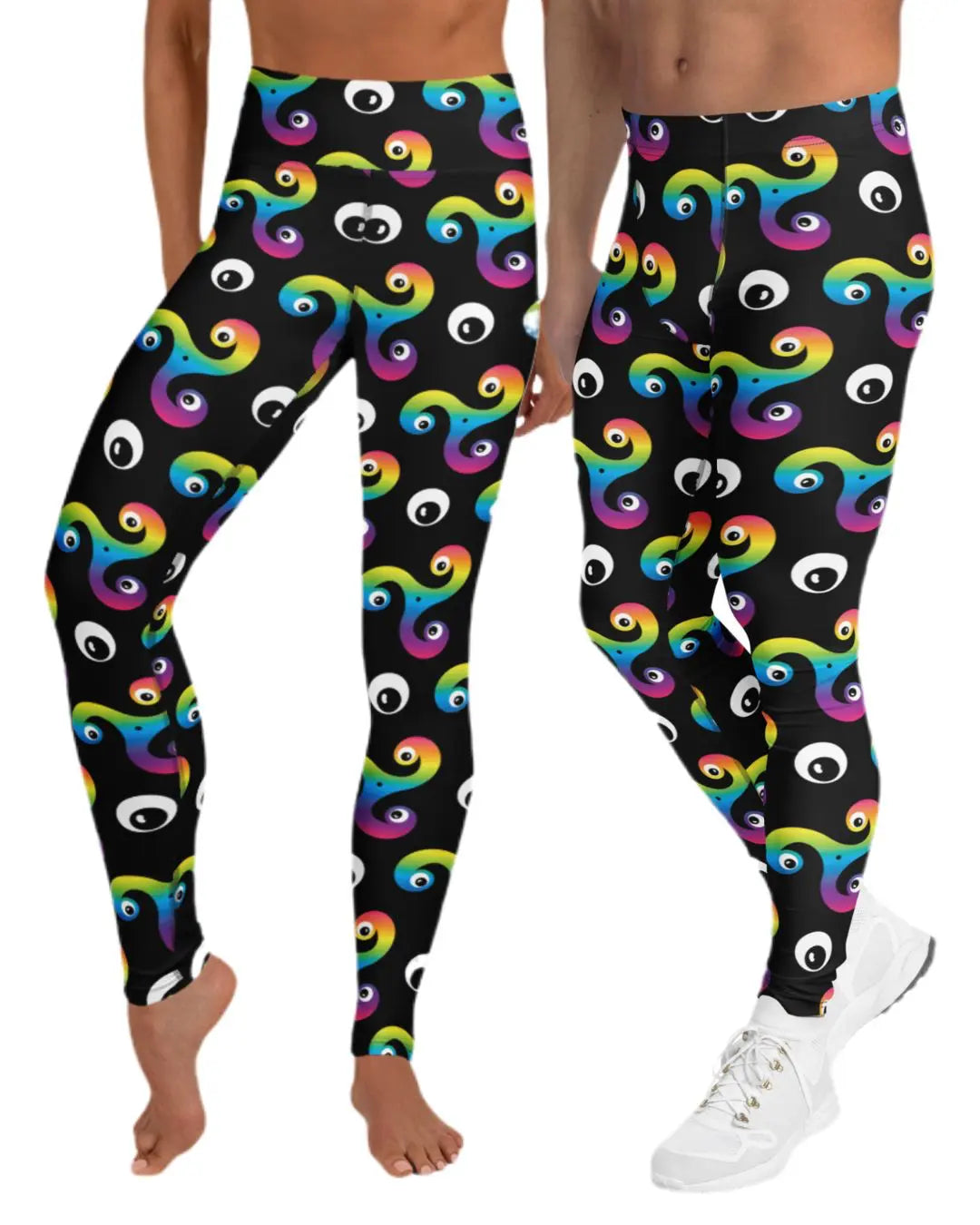 Woman and man wearing matching Trippy Triskelion all over print patterned festival leggings - designed in Wales | Sassy Seagull