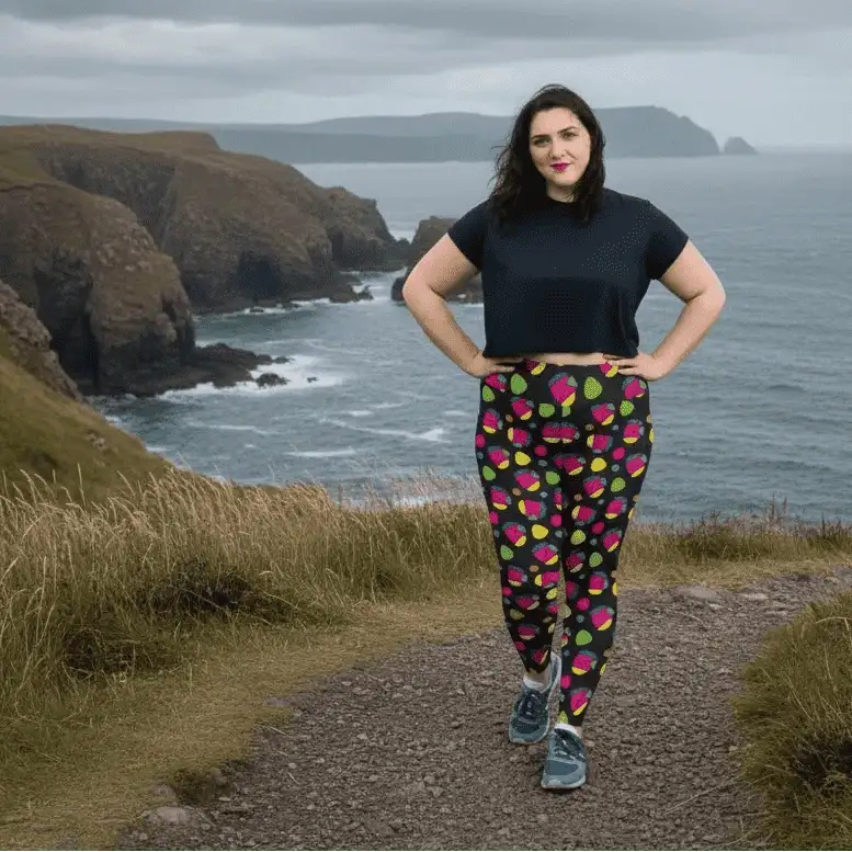 Plus-size high waist Funk Party Original festival yoga leggings lifestyle view. The woman is standing in an indoor setting.  The Funk Party design is a bold colourful abstract print. Designed in Wales, UK | Sassy Seagull. 