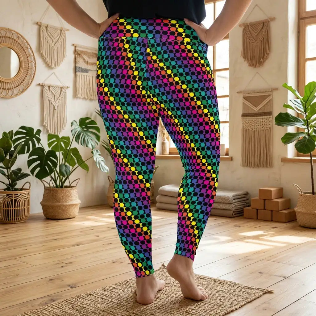 Plus size women's high waist Rainbow Geometric yoga festival leggings back view. Woman is standing in a boho yoga studio.  The Disco Lights design is a bold colourful rainbow spotty pattern. Designed in Wales, UK | Sassy Seagull. 