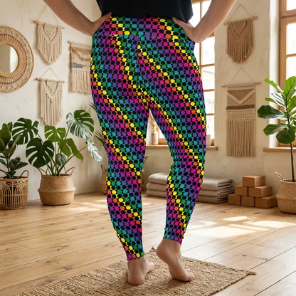 Plus size women's high waist Rainbow Geometric yoga festival leggings back view. Woman is standing in a boho yoga studio.  The Disco Lights design is a bold colourful rainbow spotty pattern. Designed in Wales, UK | Sassy Seagull. 