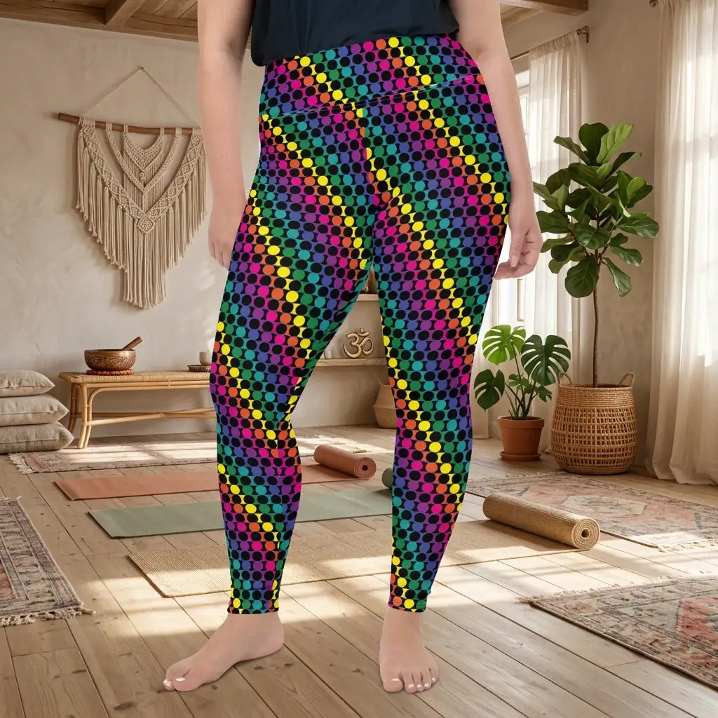 Plus size women's high waist Rainbow Geometric yoga festival leggings front view. Woman is standing in a boho yoga studio.  The Disco Lights design is a bold colourful rainbow spotty pattern. Designed in Wales, UK | Sassy Seagull. 