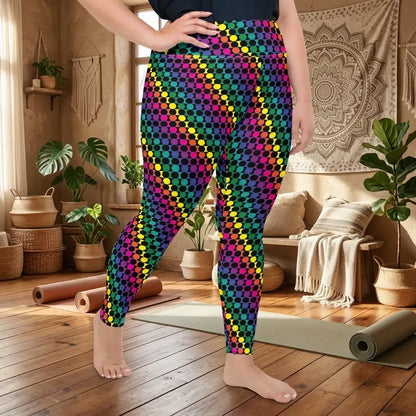 Plus size women's high waist Rainbow Geometric yoga festival leggings side view. Woman is standing in a boho yoga studio.  The Disco Lights design is a bold colourful rainbow spotty pattern. Designed in Wales, UK | Sassy Seagull. 