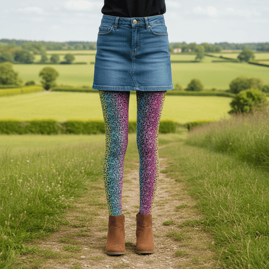 A young person pictured from the waist down wearing rainbow leopard glamour leggings and white trainers. They are facing forwards, standing on a wooden floor in a rustic cafe environment with plants and fairy lights hanging from the ceiling. The rainbow leopard glamour design is an animal print pattern in black, grey and white, printed at a small scale against a blended rainbow background