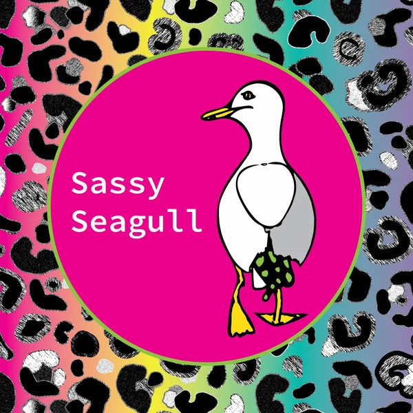 Illustration-of-a-seagull-with-'Sassy-Seagull'-text-on-a-colorful-patterned-background