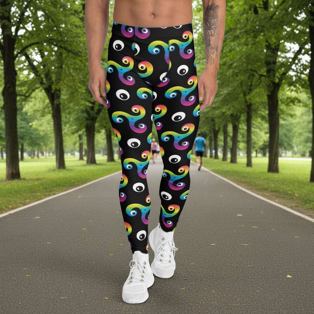 Man from the waist down wearing Trippy Triskelion leggings facing to forward in a nightclub environment with purple and green lights