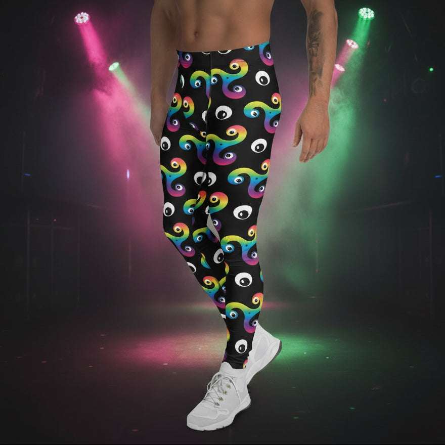 Man from the waist down wearing Trippy Triskelion leggings facing to the left in a nightclub environment with purple and green lights