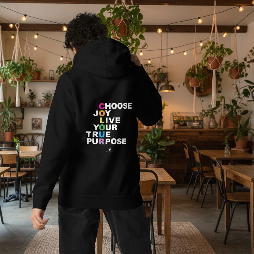 Woman facing away wearing a black hoodie with 'Choose Joy. Live Your True Purpose' on the back. She is standing in a cosy boho cafe filled with plants and wooden tables.