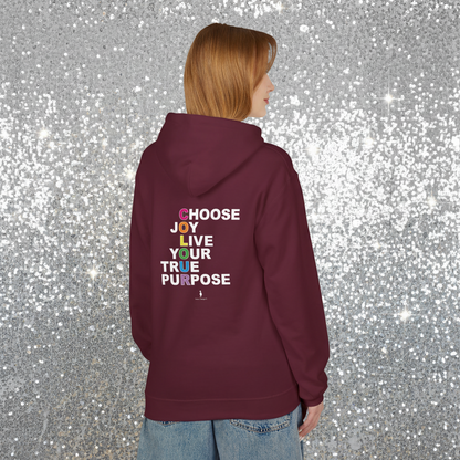 Woman facing away wearing a maroon hoodie with 'Choose Joy. Live Your True Purpose' on the back. She is standing in a cosy boho cafe filled with plants and wooden tables.