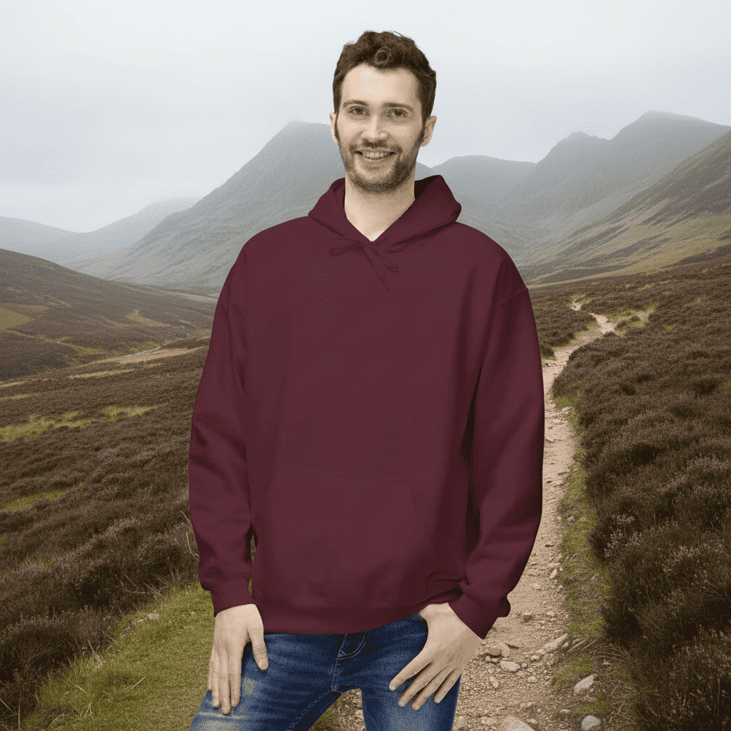 Man facing forward wearing a maroon hoodie with a plain front. He is standing in a cosy boho cafe filled with plants and wooden tables.