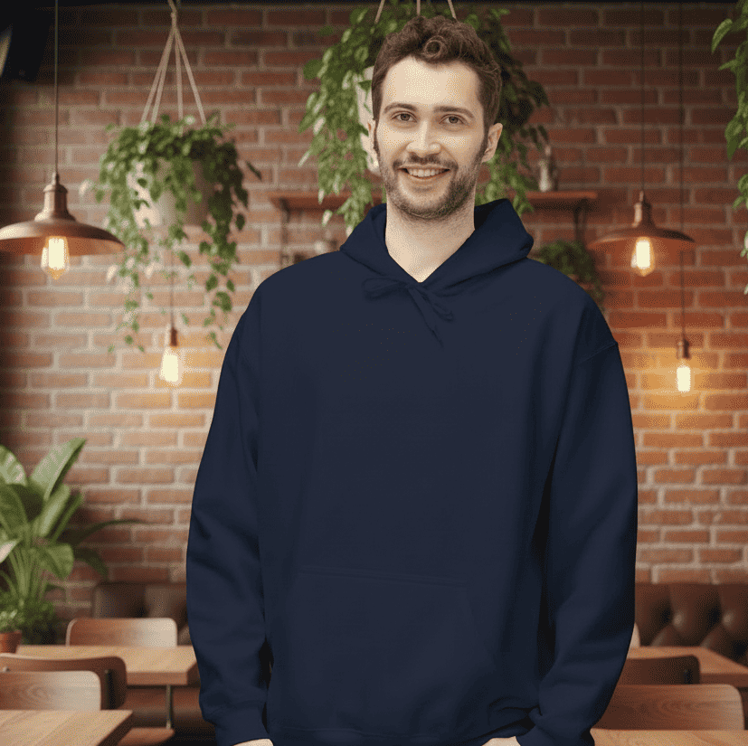 Man facing forward wearing a navy hoodie with a plain front. He is standing in a cosy boho cafe filled with plants and wooden tables.